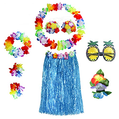 CHUANGOU 8 Stück Hawaii Kostüm，Hawaii Party Kostüm Set，mit Halskette Armbänder Blume BH Haarblume und Ananas Sonnenbrille.（Blau） von CHUANGOU