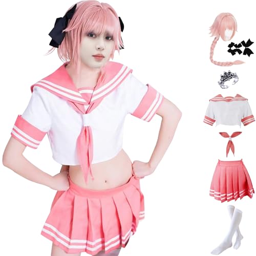 Astolfo Cosplay Kostüm mit Perücke Rosa Plissee JK Rock Astolfo Matrosenuniform Halloween Set (Rosa, S) von CHUNLEI