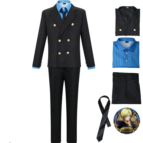Sanji Cosplay Kostüm mit Perücke Sanji Kostüm Herren Schwarze Uniform Blaues Hemd Outfit Halloween Set (Blau, XXL) von CHUNLEI