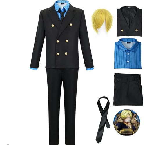Sanji Cosplay Kostüm mit Perücke Sanji Kostüm Herren Schwarze Uniform Blaues Hemd Outfit Halloween Set (Blau mit Perücke, S) von CHUNLEI