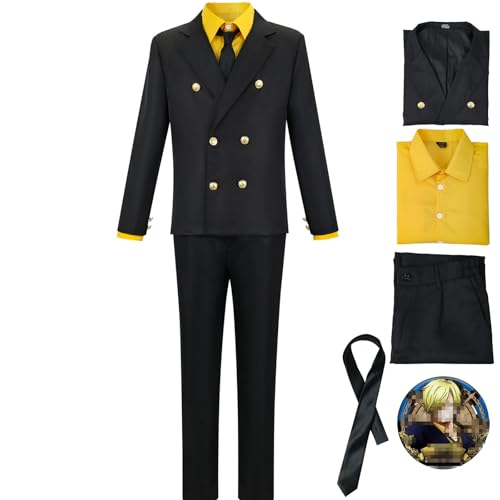 Sanji Cosplay Kostüm mit Perücke Sanji Kostüm Herren Schwarze Uniform Blaues Hemd Outfit Halloween Set (Gelb, M) von CHUNLEI