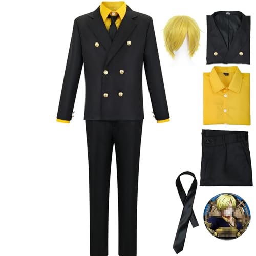 Sanji Cosplay Kostüm mit Perücke Sanji Kostüm Herren Schwarze Uniform Blaues Hemd Outfit Halloween Set (Gelb mit Perücke, L) von CHUNLEI