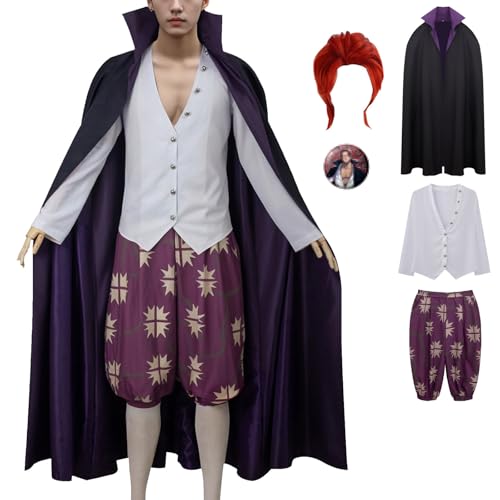 Shanks Cosplay-Kostüm für Herren mit Perücke, schwarzer Stehkragen, Robe, Shanks-Kostüm, Halloween-Set (Schwarz mit Perücke, XX-Large) von CHUNLEI