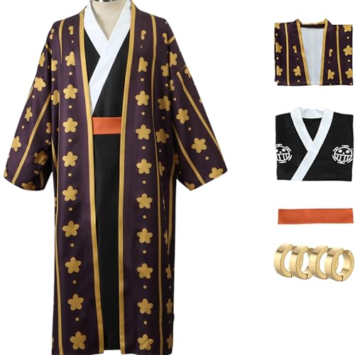 Trafalgar Law Cosplay Kostüm Kimono Hut Ohrring Law Cosplay Männer Umhang Anzüge Halloween (Braun, XX-Large) von CHUNLEI