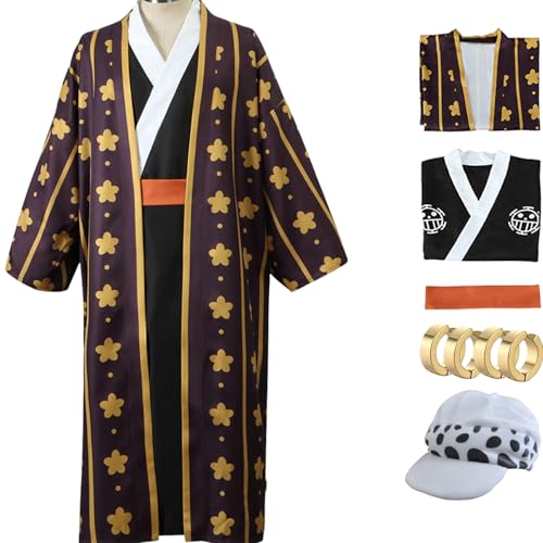 Trafalgar Law Cosplay Kostüm Kimono Hut Ohrring Law Cosplay Männer Umhang Anzüge Halloween (Braun mit Hut, Large) von CHUNLEI
