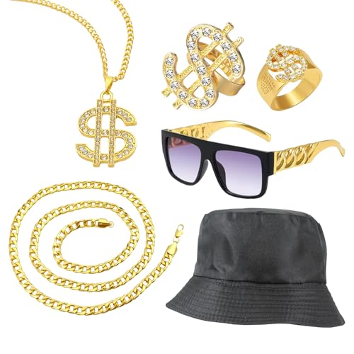 6 teiliges Hip Hop Kostümzubehör Set CHUNLINLAODA-80er/90er Rapper Rocker Kostümset Dollar Kette/Große Goldene Kette/Dollar Ring/Fischerhut/Brille für Karneval Fasching Mottoparty (Gold) von CHUNLINLAODA