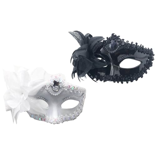 CHUNLINLAODA 2 Stück Venezianische Maske Damen Venezianischen Masquerade Maske, Maskenball Maske, Venezianischen Maske für Halloween Cosplay Karneval Kostüm Party (Schwarz) von CHUNLINLAODA