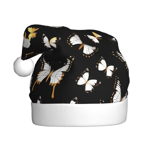 CHUNMINW Weihnachtsmütze aus Samt, goldfarben und weiße Schmetterlinge, schwarzer Druck, personalisierbar, Weihnachtsmannmütze für Damen, Erwachsene, Plüsch-Weihnachtsmütze CHUNMINW Weihnachtsmütze aus Samt, goldfarben und weiße Schmetterlinge, schwarzer Druck, personalisierbar, Weihnachtsmannmütze für Damen, Erwachsene, Plüsch-Weihnachtsmütze von CHUNMINW