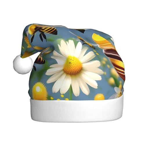 CHUNMINW Weihnachtsmütze mit fliegenden Bienen, Gänseblümchen, Honigdruck, personalisierbar, für Damen, Erwachsene, Samt, Urlaubsmütze, Plüsch-Weihnachtsmütze von CHUNMINW