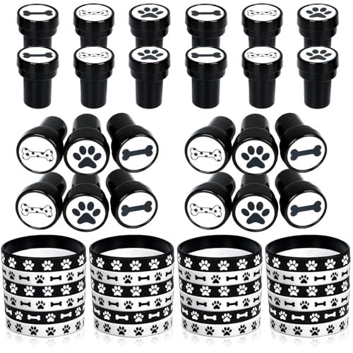 Gummi-Armbänder, Stempel für Pfotenabdruck, Partyzubehör, 24 Hundepfoten-Gummi-Armbänder, 24 Pfotenabdruck-Stempel für Welpen, Hundepfoten, Geburtstagsparty-Zubehör, Geschenktütenfüller für Kinder, 48 von CHUNNIN