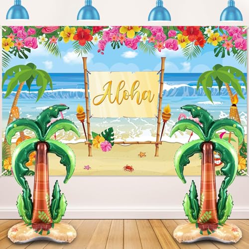 Sommer Hawaii Strand Hintergrund für Aloha Luau Party Dekor mit aufblasbaren Kokosnussbaum Folienballons Hawaii Strand Photo Booth Requisiten Banner Palme Ballon für tropische Meerespalme Geburtstag von CHUNNIN