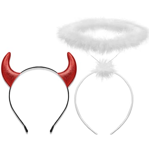CHarmeFleur Engel Halo und Teufelshörner Stirnband Set, weißes Feder Engel Halo und glitzernde rote Teufelshörner, Halloween Kostüm Zubehör für Frauen Cosplay Party Artikel CHarmeFleur Engel Halo und Teufelshörner Stirnband Set, weißes Feder Engel Halo und glitzernde rote Teufelshörner, Halloween Kostüm Zubehör für Frauen Cosplay Party Artikel von CHarmeFleur