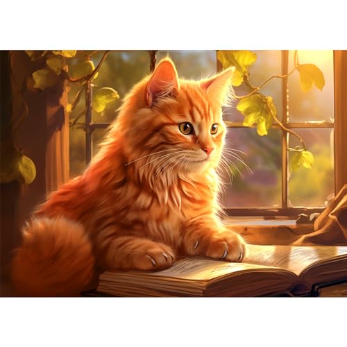 1000 Teile Puzzle für Erwachsene - Fenster Katze, Lesen Katze, Niedliches Kätzchen - Gemütlicher Rückzugsort von CHengQiSM