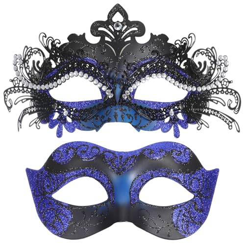 CIATBYYJ Maskerade Masken Paare, Glänzend Blau Maskerade Maske Set, Atmungsaktive Hellblau Party Maske für Paare Frauen Männer, Paar Masken für Ball Karneval Halloween von CIATBYYJ