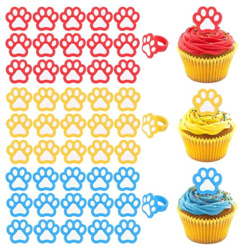 Cupcake-Topper mit Pfotenabdruck-Ringen, 48 Stück, Hunde-Party-Dekorationen, Hunde-Ring, Cupcake-Topper für Hunde, Welpen, Babyparty, Partyzubehör (rot, gelb und blau) von CIATBYYJ