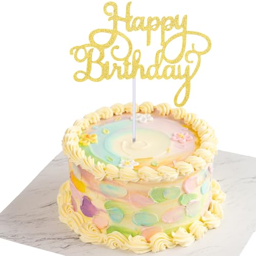 1 Stück Happy Birthday Tortendeko,Golden Glitzer Cake Topper Geburtstag,Tortendeko Geburtstag mit Stock,Cupcake Happy Birthday Cake Topper für Geburtstagstorte,Partyfeier(Golden) von CIATBYYJ