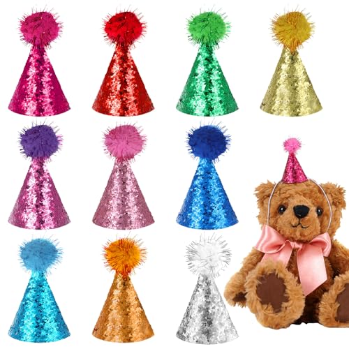 Mini-Partyhüte für Stofftiere, Mini-Partyhüte mit verstellbarem Riemen, Glitzer, Hund, Katze, Geburtstagshut, Partyhut mit Lametta-Bommel für Kätzchen, Kaninchen, Geburtstagskuchenzubehör, 10 Stück Mini-Partyhüte für Stofftiere, Mini-Partyhüte mit verstellbarem Riemen, Glitzer, Hund, Katze, Geburtstagshut, Partyhut mit Lametta-Bommel für Kätzchen, Kaninchen, Geburtstagskuchenzubehör, 10 Stück von CIATBYYJ