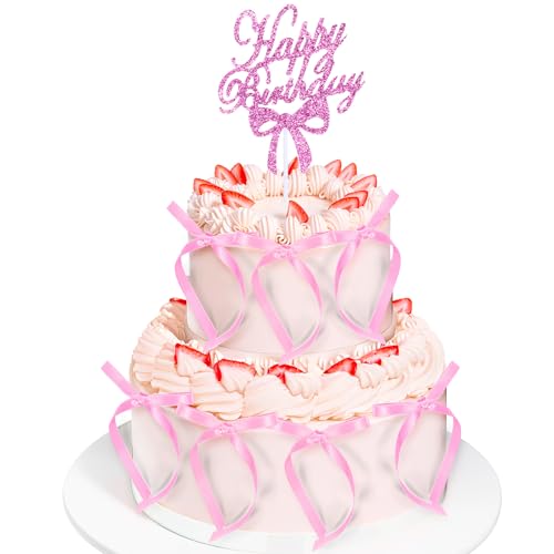 Rosa Schleife Kuchen Topper Dekorationen mit Happy Birthday Schild, nicht essbare Kuchen Topper, rosa Schleife Kuchen Topper für Geburtstagsparty Baby Shower Braut Hochzeit Abschlussfeier Party Rosa Schleife Kuchen Topper Dekorationen mit Happy Birthday Schild, nicht essbare Kuchen Topper, rosa Schleife Kuchen Topper für Geburtstagsparty Baby Shower Braut Hochzeit Abschlussfeier Party von CIATBYYJ
