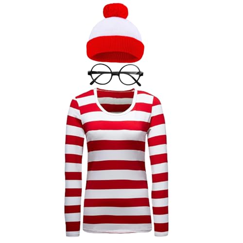 CICEYET Herren Damen Waldo Kostüm Halloween Rot und Weiß Gestreiftes Langarm T-Shirt mit Brille Hut Party Cosplay Kostüm Set (Medium, Frauen Set) von CICEYET