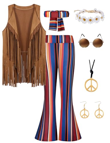 CICOCI 60er-/70er-Jahre-Kostüm für Damen, Hippie-Kostüm, 8-teilig, Fransenweste, ausgestellte Hose, Kostüm, Friedenszeichen, Halskette, Ohrringe, Rot/Ausflug, einfarbig (Getaway Solids), L von CICOCI