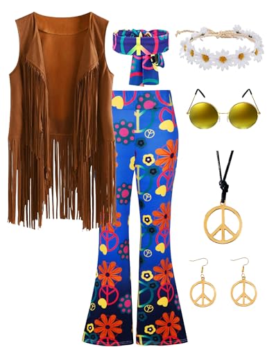CICOCI Hippie-Kostüm für Damen, 60er- und 70er-Jahre-Kostüm, 8-teilig, Fransenweste, ausgestellte Hose, Kostüm, Friedenszeichen, Halskette, Ohrringe, Blau, XXL CICOCI Hippie-Kostüm für Damen, 60er- und 70er-Jahre-Kostüm, 8-teilig, Fransenweste, ausgestellte Hose, Kostüm, Friedenszeichen, Halskette, Ohrringe, Blau, XXL von CICOCI
