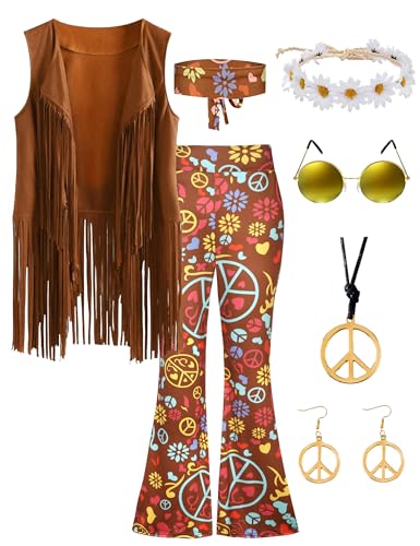 CICOCI Hippie-Kostüm für Damen, 60er- und 70er-Jahre-Kostüm, 8-teilig, Fransenweste, ausgestellte Hose, Kostüm, Friedenszeichen, Halskette, Ohrringe, Braun, L CICOCI Hippie-Kostüm für Damen, 60er- und 70er-Jahre-Kostüm, 8-teilig, Fransenweste, ausgestellte Hose, Kostüm, Friedenszeichen, Halskette, Ohrringe, Braun, L von CICOCI