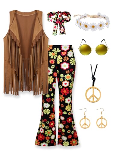 CICOCI Hippie-Kostüm für Damen, 60er- und 70er-Jahre-Kostüm, 8-teilig, Fransenweste, ausgestellte Hose, Kostüm, Friedenszeichen, Halskette, Ohrringe, Schwarz, L CICOCI Hippie-Kostüm für Damen, 60er- und 70er-Jahre-Kostüm, 8-teilig, Fransenweste, ausgestellte Hose, Kostüm, Friedenszeichen, Halskette, Ohrringe, Schwarz, L von CICOCI