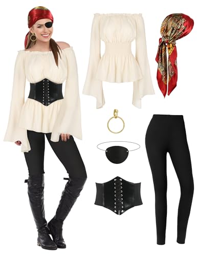CICOCI Piratenkostüm für Damen, mit Zubehör, Renaissance-Bluse, Oberteil, Gürtel, Kopftuch, komplettes Outfit CICOCI Piratenkostüm für Damen, mit Zubehör, Renaissance-Bluse, Oberteil, Gürtel, Kopftuch, komplettes Outfit von CICOCI