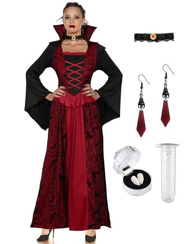 CICOCI Vampirkostüm für Damen, Erwachsene, Halloween-Kostüm, Vampirzähne, Ohrringe, Halskette, Cosplay, komplettes Set, Schwarz, Large von CICOCI