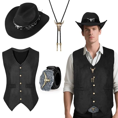 CICOCO Western-Outfits Cowboy-Kostüm für Herren, Erwachsene, klassisch, Cowboy-Weste, Hut, Bolo-Holloween-Kostüm von CICOCI