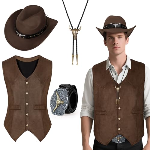 CICOCO Western-Outfits Cowboy-Kostüm für Herren, Erwachsene, klassisch, Cowboy-Weste, Hut, Bolo-Holloween-Kostüm von CICOCI