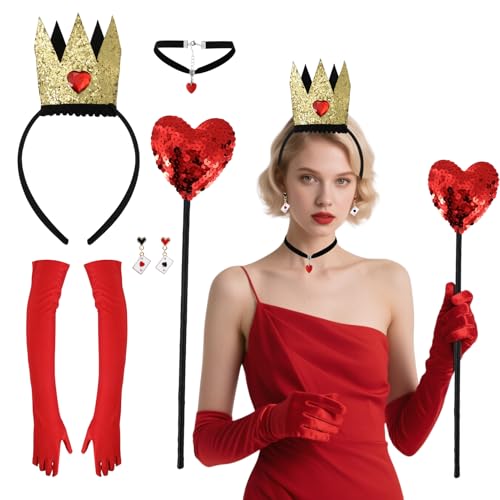 CIEOVO 5-teiliges Halloween-Kostüm-Zubehör-Set, Krone, Stirnband, Herz, Zepter, Zauberstab, Herz, baumelnde Ohrringe, Handschuhe, Dekoration für Damen, Halloween, Königin-Kostüm, Party CIEOVO 5-teiliges Halloween-Kostüm-Zubehör-Set, Krone, Stirnband, Herz, Zepter, Zauberstab, Herz, baumelnde Ohrringe, Handschuhe, Dekoration für Damen, Halloween, Königin-Kostüm, Party von CIEOVO