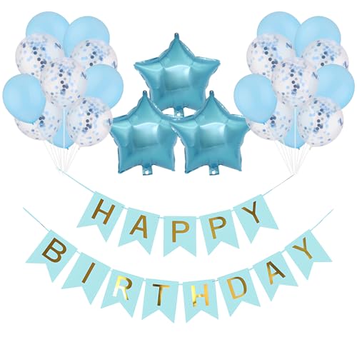 CIGTSICO 23pcs Geburtstag Party Dekorationen Set, 12 Zoll Ballons mit Happy Birthday Banner, 3pcs 18in Star Folienballons, für Baby Junge Männer Geburtstag Dekorationen (blau) von CIGTSICO