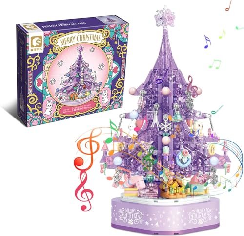 Weihnachtsbaum Bausteine Bausatz, 729 Weihnachten Spieluhr Klemmbausteine, Rosa Kristall Weihnachten Geschenke Spielzeug für Erwachsene und Kinder, Kompatibel mit Große Marke Technic von CIJINAY