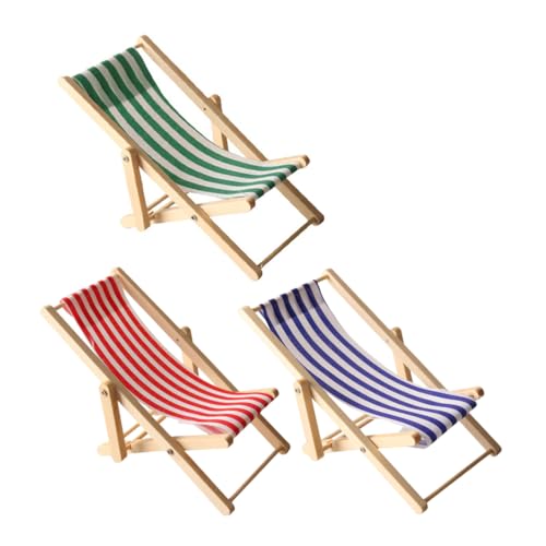 CIMAXIC 3-teiliger Miniatur-Strandstuhl für Puppenhaus: Mini-Klapp-Strandstuhl aus Holz – Puppenhaus-Mini-Deck-Longue, Puppenhaus-Möbelzubehör von CIMAXIC