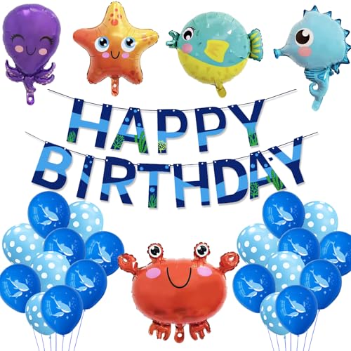 CIOUYAOS Unterwasserwelt Kindergeburtstag Deko, Blau Luftballon Geburtstag Party Geburtstagsdeko 25pcs Ballons Banner Set, Blaue meerestiere Folienballons für Baby 1 Jahr Junge Kinder von CIOUYAOS