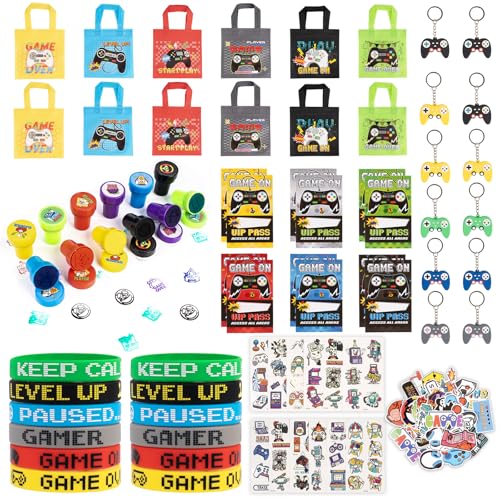 122 Stück Videospiel Party Mitgebsel, Jungen Kindergeburtstag Gastgeschenke mit Spielabzeichen Schlüsselanhänger Stempel Silikonarmbänder Geschenktüten Tattoo Kinder Gaming Give Aways Pinata Füllung von CIOXSOIO