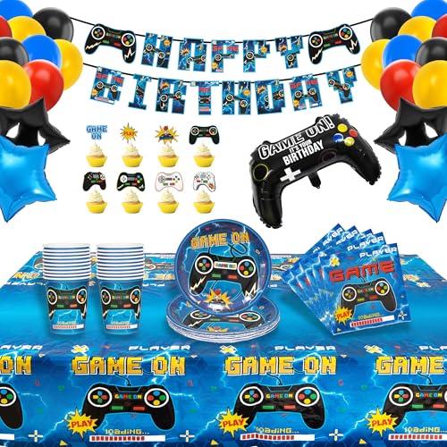 Gamer Deko Geburtstag Junge Videospiel Geburtstagsgeschenke Kindergeburtstag mit Gaming Controller Folienballons Tischdecke Happy Birthday Hintergrund Banner Videospiel Party Deko für Kinder Jungen von CIOXSOIO