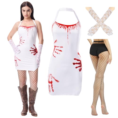 CIVIMILI Damen Blut Handabdruck Neckholder-Kleid Atmungsaktives Halloween Party Minikleid Mit Zubehör von CIVIMILI