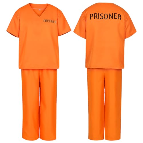 CIVIMILI Häftling Kostüm Herren Orange Gefängnis Outfit mit Handschellen Halloween Gefangener Kostüm Prisoner Outfits für Cosplay Karneval Party Deko von CIVIMILI