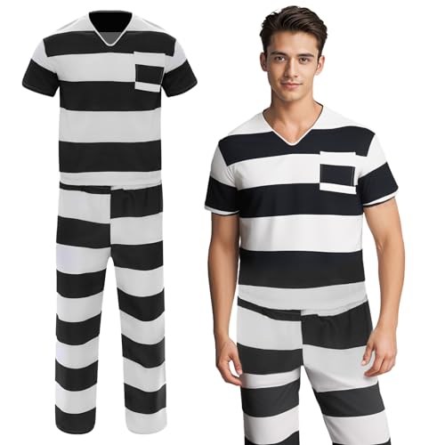 CIVIMILI Herren Gefangener Kostüm Sträfling Uniformen Streifen Kurzarm Tshirt Häftlingen Halloween Karneval Cosplay Outfits von CIVIMILI