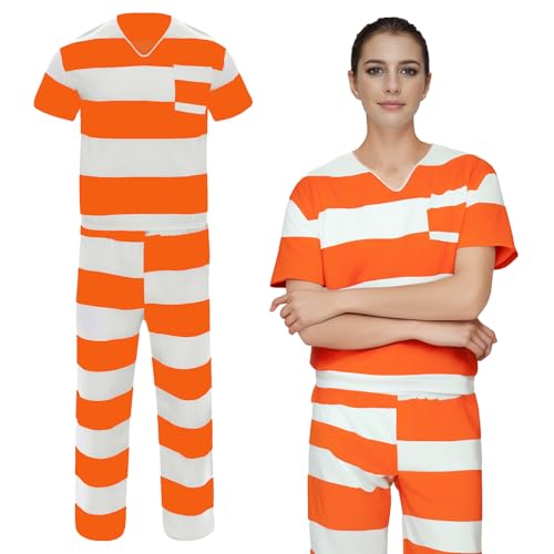 CIVIMILI Herren Gefangener Kostüm Sträfling Uniformen Streifen Kurzarm Tshirt Häftlingen Halloween Karneval Cosplay Outfits von CIVIMILI