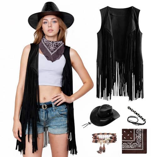 CIVIMILI Hippie Kostüm Damen Set Cowgirl Hippie Kostüm Tassel Weste 70er Jahre Outfit mit Hut Scarf Wristband für Karneval von CIVIMILI