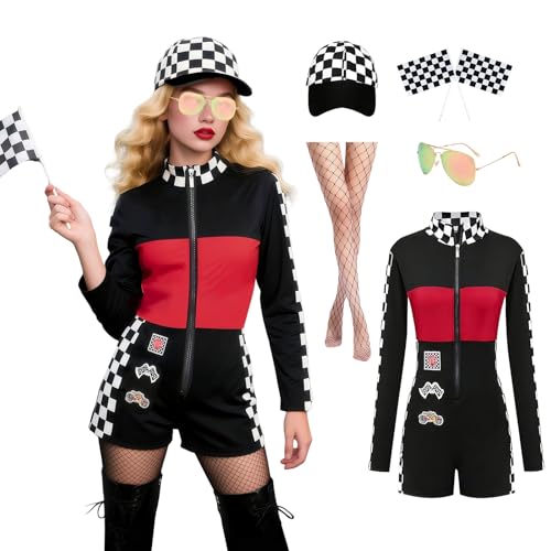 CIVIMILI Rennfahrer Kostüm für Damen langärmeliges Rennfahrer Overall Set mit Zubehör Halloween Kostüm für Erwachsene von CIVIMILI