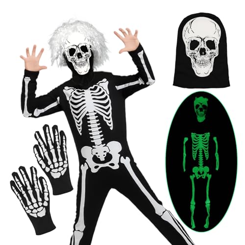 CIVIMILI Skelett Kostüm Leuchtend im Dunkeln für Kinder Schwarz Skelebones Jumpsuit Halloween Kostüm für Jungen und Mädchen von CIVIMILI