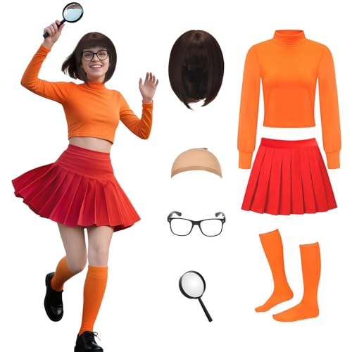 CIVIMILI Velma Kostüm Erwachsene Rollkragenpullover orangefarbener Strickpullover Mini Skaterrock mit Zubehör für Halloween Cosplay Outfit von CIVIMILI