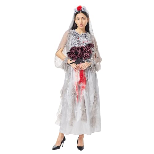 CIVIMILI Zombie Braut Kostüm für Damen ErwachseneGeisterbraut Kleid Set mit Blumenschleier Bouquet für Partys und Veranstaltungen von CIVIMILI
