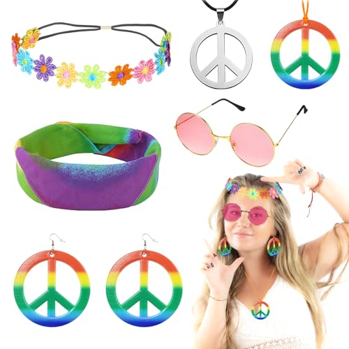 CIYIN Hippie Kostüm Set, 6 Stück Hippie Kleidung Accessoires, 60er 70er Jahre Bekleidung, Friedenszeichen Halskette Und Ohrring Buntes Hippie Stirnband, für 70er 80er Mode Thema Party CIYIN Hippie Kostüm Set, 6 Stück Hippie Kleidung Accessoires, 60er 70er Jahre Bekleidung, Friedenszeichen Halskette Und Ohrring Buntes Hippie Stirnband, für 70er 80er Mode Thema Party von CIYIN