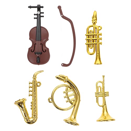 CIYODO 1 Set Miniatur Violine & Trompete Modell Musikinstrument Dekoration Für Puppenhaus 5 Teiliges Set Violine Saxophon Trompete Gebogene Und Gerade Blasinstrumente von CIYODO