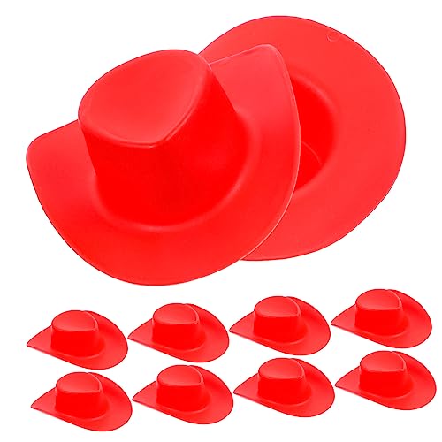 CIYODO 10 Stück Teiliges Mini Western Cowboyhut aus Kunststoff Dekorative Miniatur Hüte für Puppen Basteln und Party Lebhaft Roter Farbton für DIY Deko von CIYODO